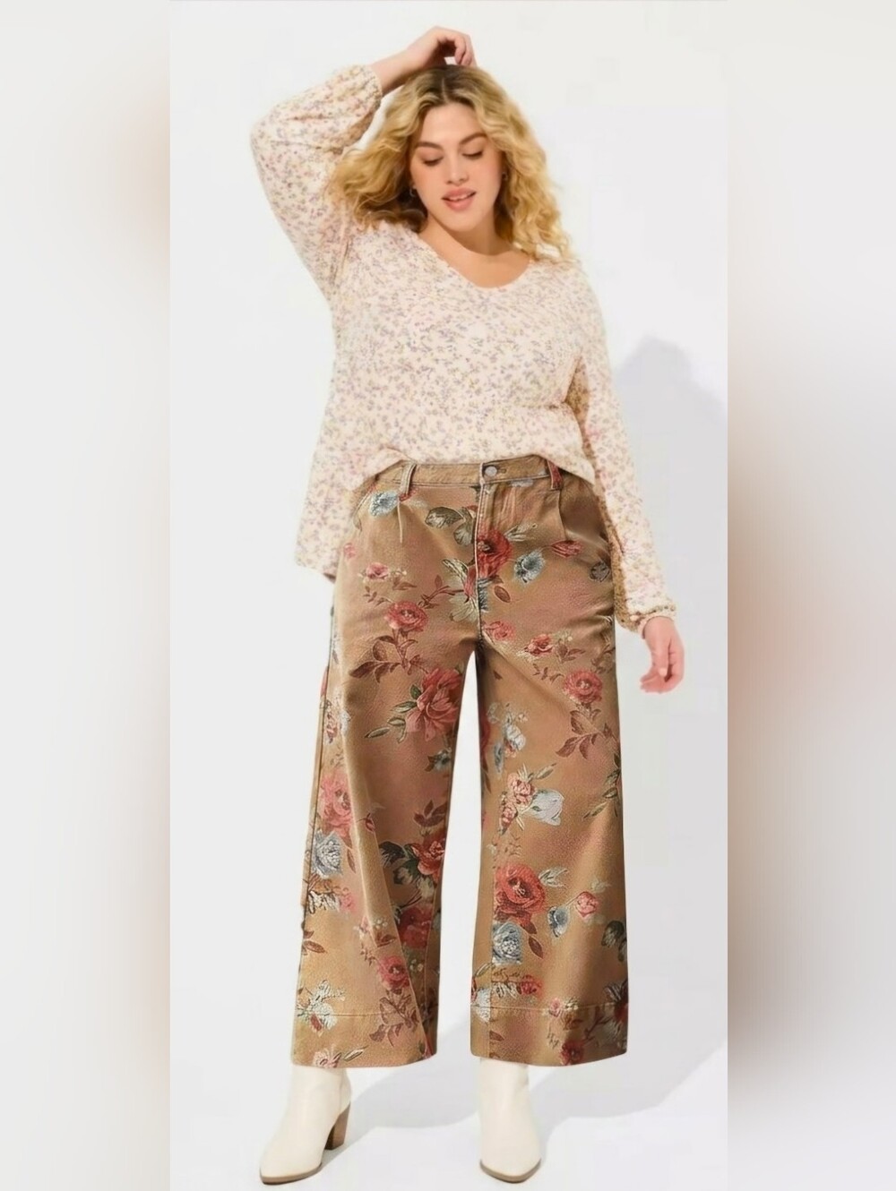 Loveimgs Khaki Floral Wide-Leg Baggy Mid-Rise Jeans in Various Sizes